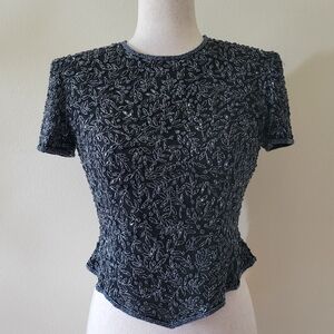 Papell Boutique | Vintage Petite Black Embellished Floral Beaded Blouse